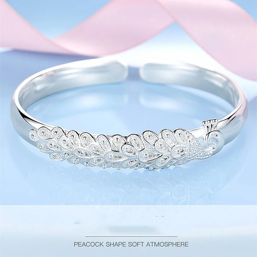 Adjustable size 925 Sterling Silver Bangle cuff Dreamcatcher Tassel Feather Round Bead Charm Bracelet jewelry For Women wedding