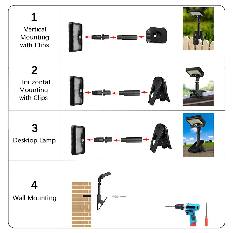 92 LED Solar Clip-on Motion Sensor Lights, LED Street Light, IP65 Waterproof Wall Lamp, for Camping Garden Yard Tent Patio Outdo